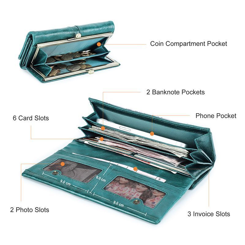 Wallet Metal Frame Genuine Leather Purse Hasp Zipper Coin Pocket Card Holder Bag