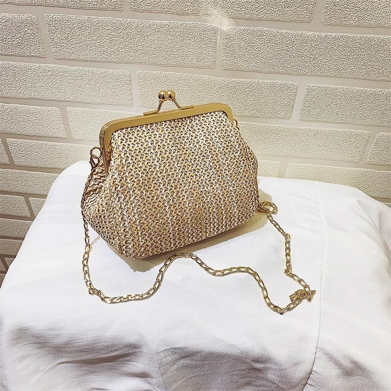 Straw Lock Shell Bag Beach Retro Vintage Chain Shoulder Crossbody Purse Handbags