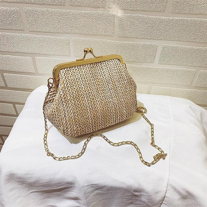 Straw Lock Shell Bag Beach Retro Vintage Chain Shoulder Crossbody Purse Handbags