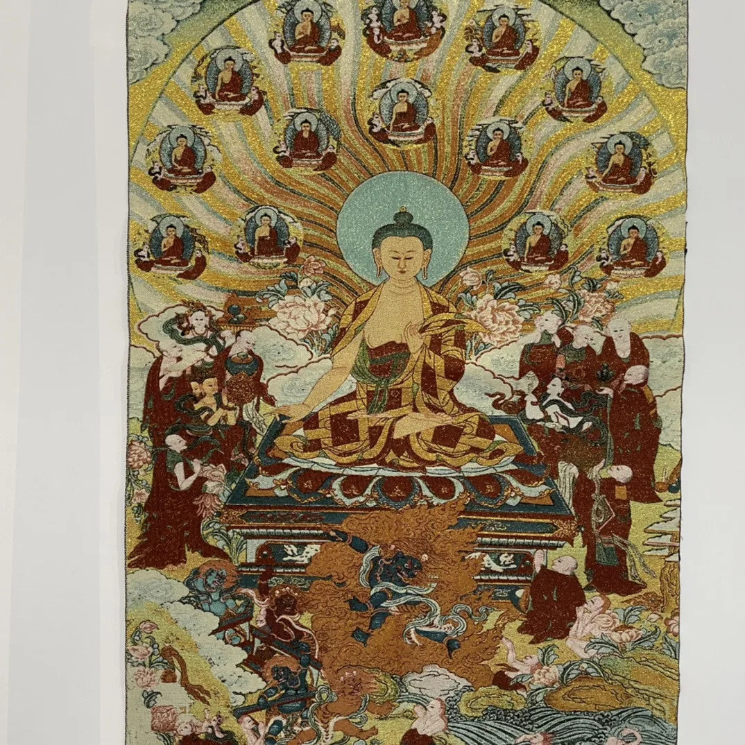 35" Tibetan Buddhism Embroidery Parinirvana Sitting Buddha Shakyamuni Thangka