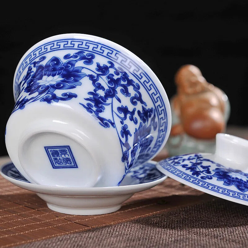 Jingdezhen Blue White Porcelain Teaset Ceramic Covered Bowl Tea Cup Tea Set
