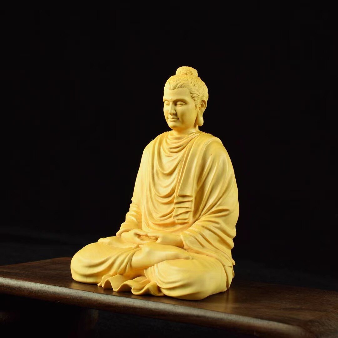 Wooden Shakyamuni Buddhist Figure Statue Solid Wood Hand Carving Chinese Buddha
