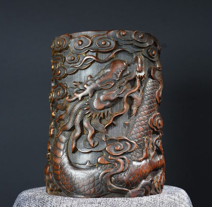Old Chinese Bamboo Handcarved Dragon Jar Pots Pen Holder