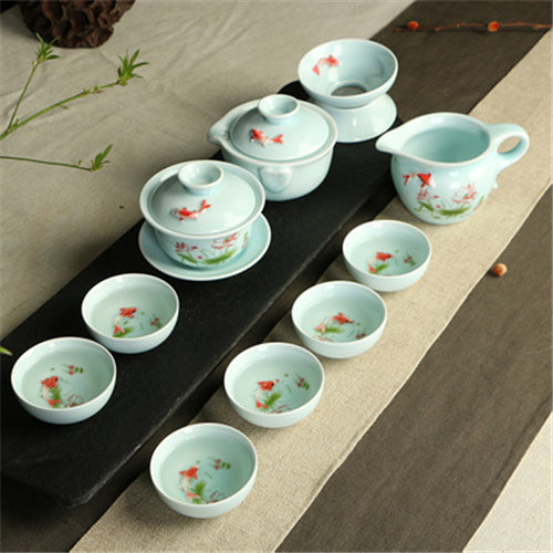 Longquan Celadon Complete Tea Set Porcelain Tea Pot Gaiwan Tureen Tea Cups Fish