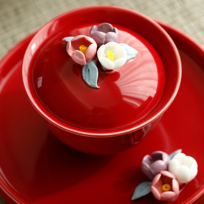 Hand-kneaded Flower Sancai Bowl Teacup Wine Ladies Gaiwan Wedding Tea Set Plate