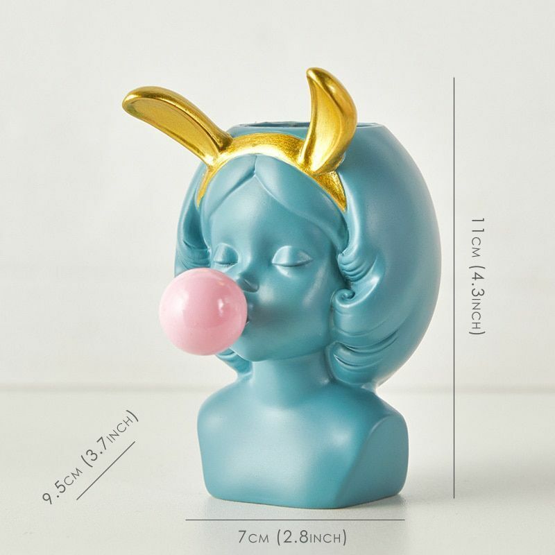 Resin Vase Cute Girl Bubble Gum Figurine Decorative Plant Flower Pot Modern Home