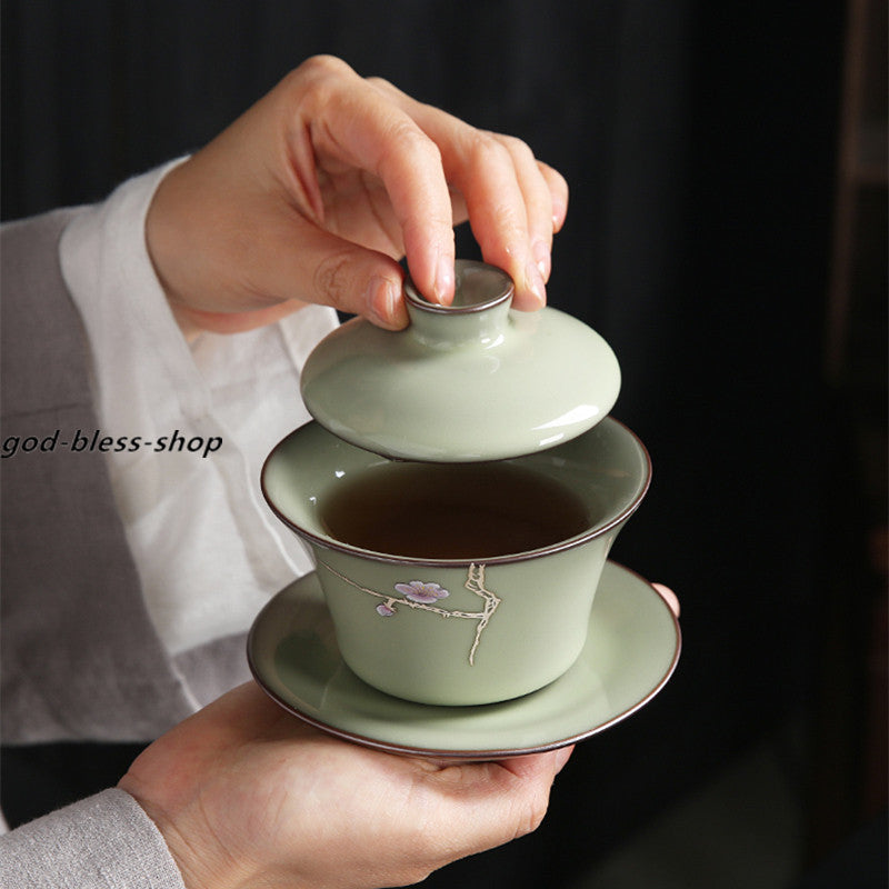 Yuanyao Craft Gaiwan Porcelain Tureen Handpainted Floral Covered Bowl With Lid