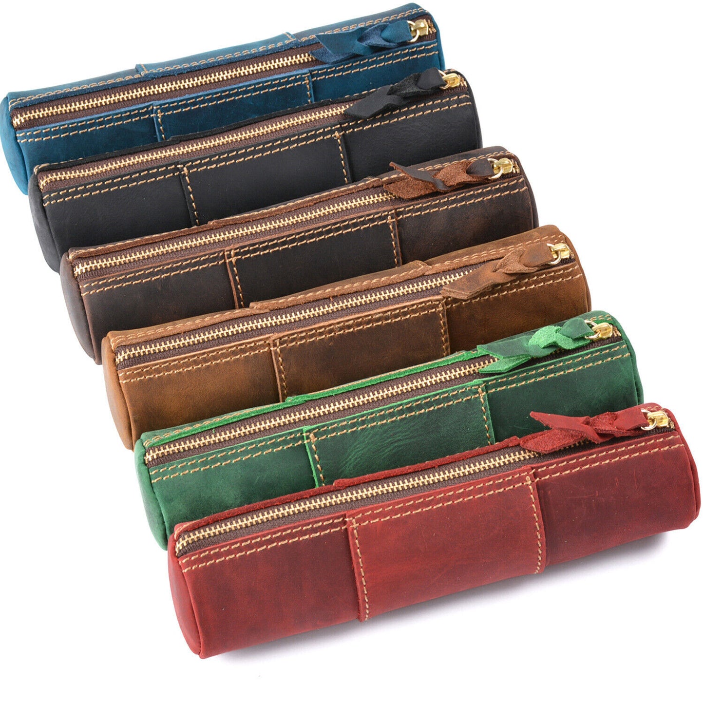 Handmade Cowhide Leather Pen Pouch Zipper Pencil Case Stationery Storage Bag