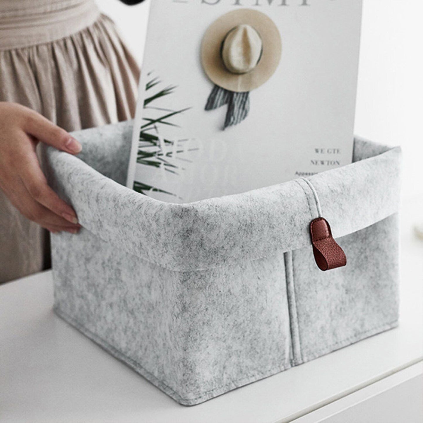 1pc Living Room Tea Table Gray Sundries Storage Basket Cloth Felt Storage Box