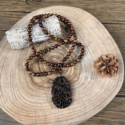 Natural Wood Prayer Beads Necklace Dragon Carving Pendant Men Woman Lucky Gift