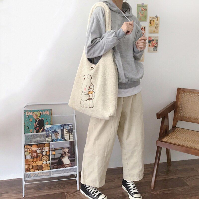 Canvas Purse Shoulder Bag Bear Embroider Crossbody Handbag Casual Shopper Bag