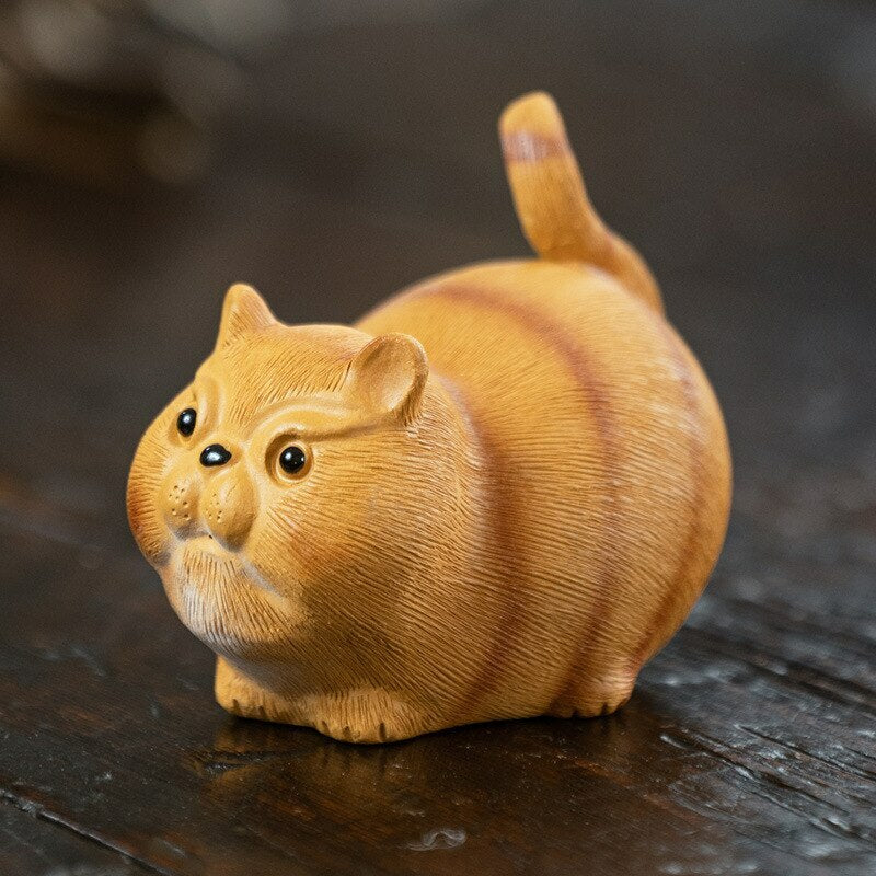 Chinese Sculpture Purple Clay Tea Pet Small Cat Statue Handmade Tea Set Decor