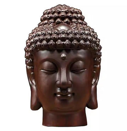 12" Natural Ebony Wood Carved Sakyamuni Buddha Head Statue Buddhism Collection