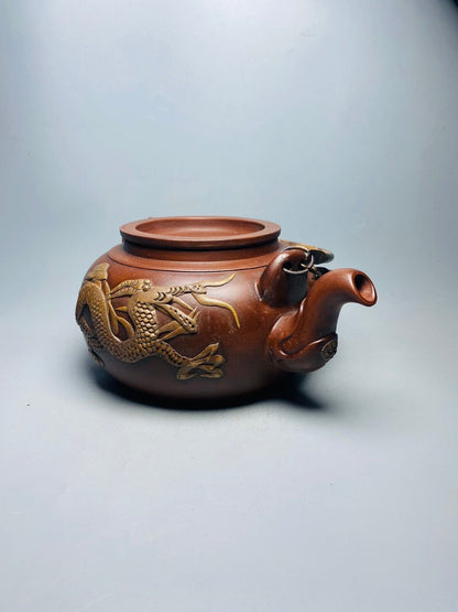 Chinese Yixing Zisha Clay Handmade Exquisite Teapot （大扁铜提梁双龙壶 底款：时大彬）