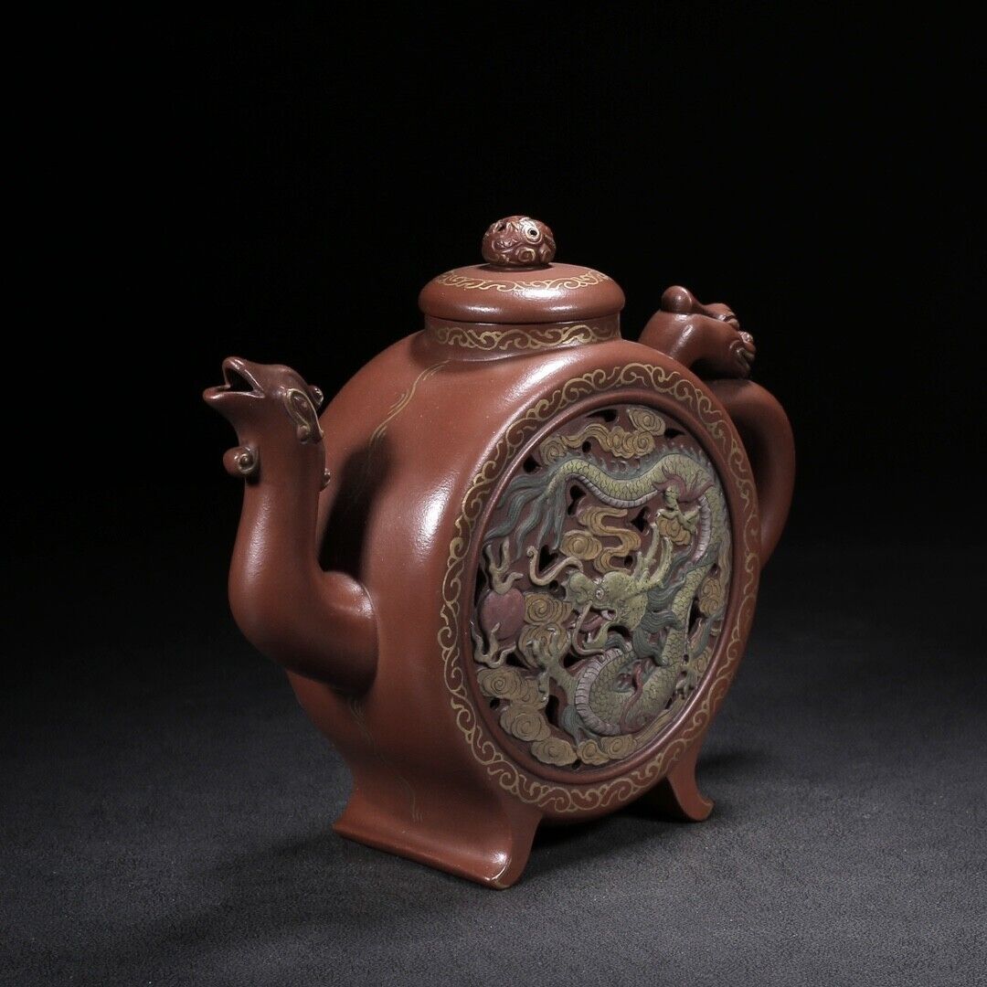 Chinese Yixing Zisha Clay Handmade Exquisite Teapot （龙凤呈祥（描金） 底款：陈鸣远）