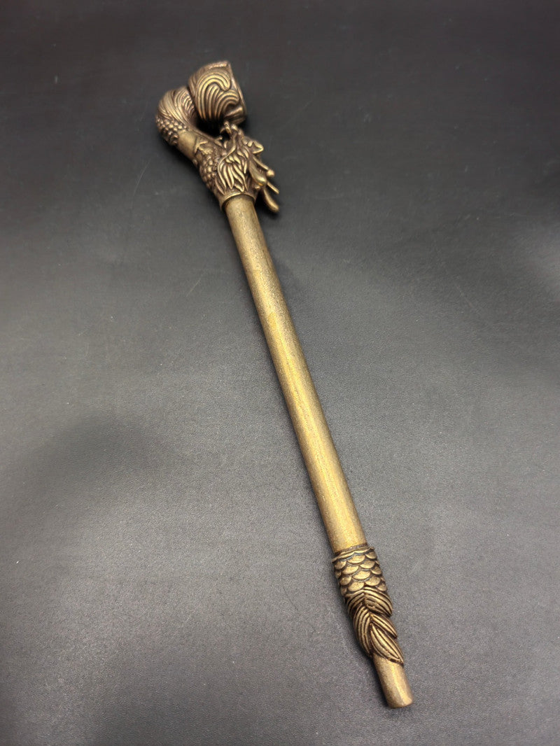 8.8"IN Chinese Collectible Hand-Carved Dragon Head Retro brass Tobacco Pipe