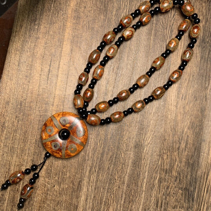 Tibetan Style Old Agate Three Eyes/TenEyes Pingan Knot Dzi Bead Amulet Pendant