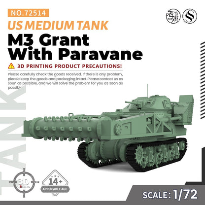 SSMODEL 1/72 25mm Military Model Kit US M3 Grant With Paravane Medium Tank