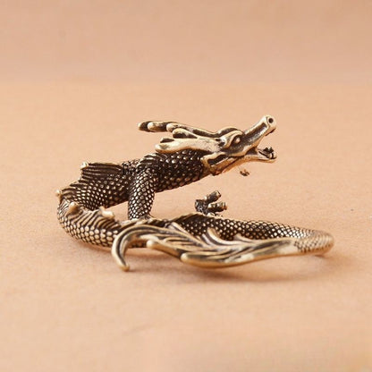 1Pc Chinese Retro Metal Zodiac Dragon Desktop Ornament Handmade Carving Tea Pet