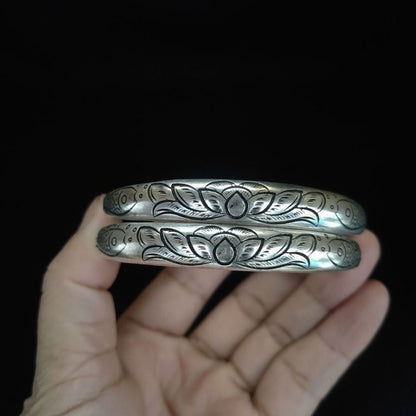 Vintage Tibetan Silver Bangle Pair 75.6g Fish Carved Adjustable Plated Silver