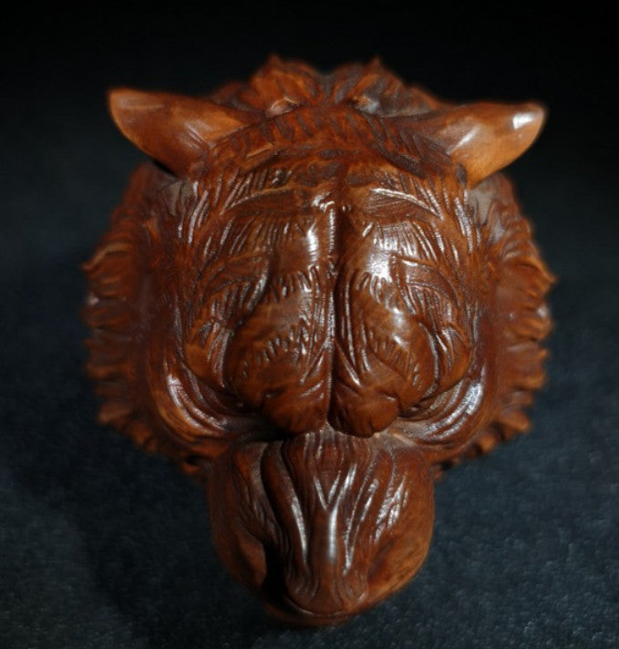 Old Chinese Boxwood Wood Hand Carving Carved Tiger head Statues