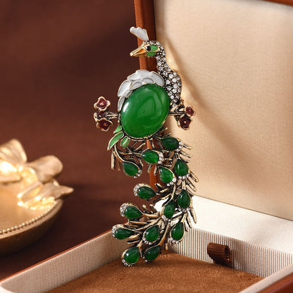 Chinese Style Peacock Brooch Green Enamel Phoenix Pin Luxury Coat Accessory