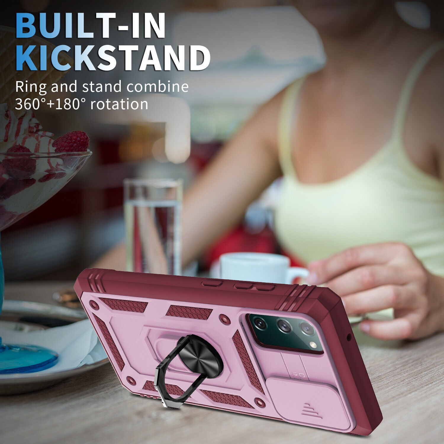 For Samsung Galaxy S20 FE / 5G Ring Stand Case w/ Camera Slide Cover - Thumbnail 2