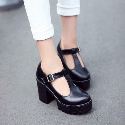 Women's Chic Chunky Heels High Platform Mary Jane Ankle T-Strap Punk Shoes Solid