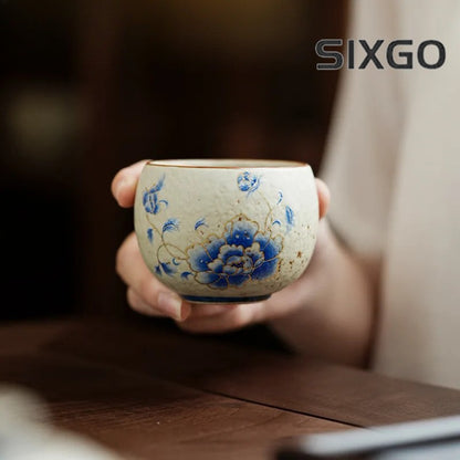 Gold Blue Peony Teacup Handmade Tea Bowl Tea-tasting Personal Cup Master Cups