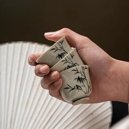 50ml Jingdezhen Chinese Hand Painted Bamboo Lotus Teacups Ceramic Kungfu Tea Set