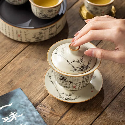 Chinese Ru Yao Porcelain Gaiwan Set Yellow Ceramic Opening Tea Bowls Chawan