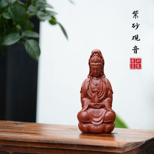 9.8cm Yixing Purple Clay Handcarved Guanyin Buddha Statue Tea Pet Ornament