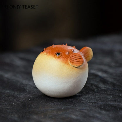 5.8cm Tea Pet Handmade Pufferfish Statue Ornaments Sculpture Yixing Purple Clay