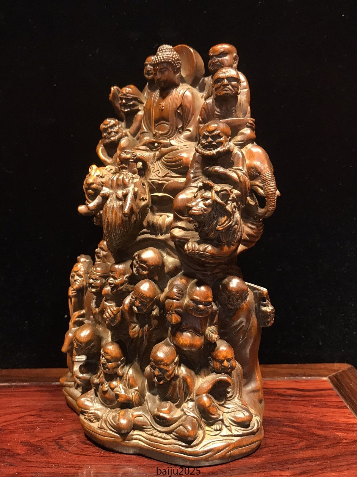 6.1"Chinese Box-wood Carving Buddhism 18 Arhat Shakyamuni Amitabha Buddha Statue