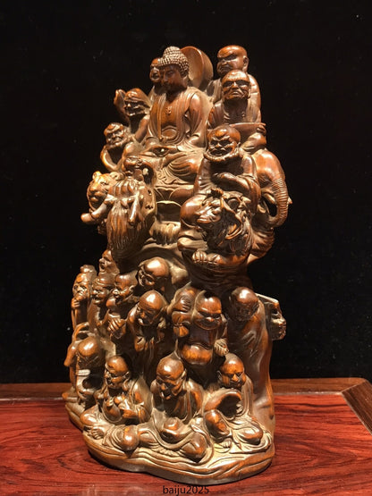 6.1"Chinese Box-wood Carving Buddhism 18 Arhat Shakyamuni Amitabha Buddha Statue