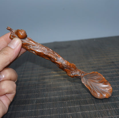 6.7" Collect China Box-wood Carving Animal Snail Tea Shovel Statue