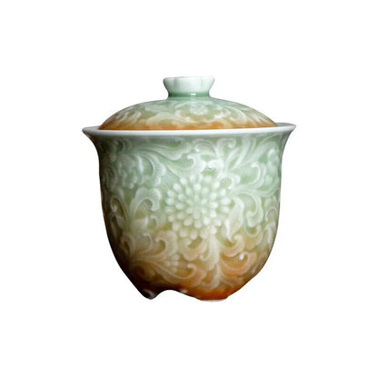 Celadon Carved Relief Gaiwan Ceramic Chinese Tea Bowl Vintage Tea Cup Household
