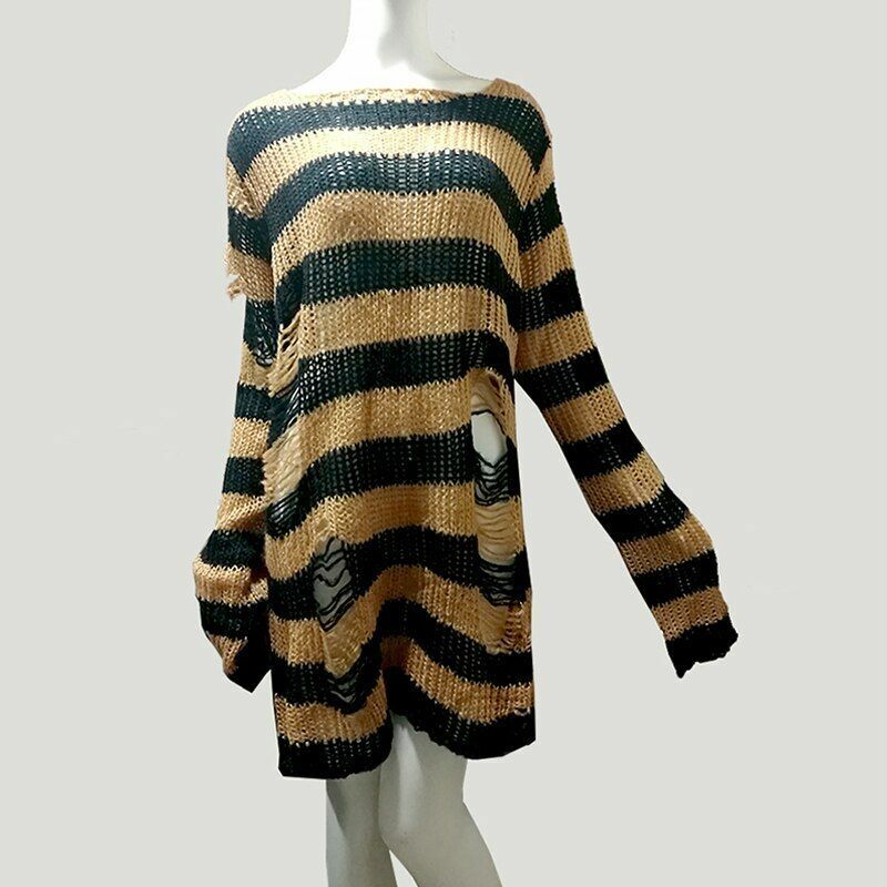 Unisex Sweater Plus Size Punk Long Dress Hollow Hole Broken Jumper Loose Thin