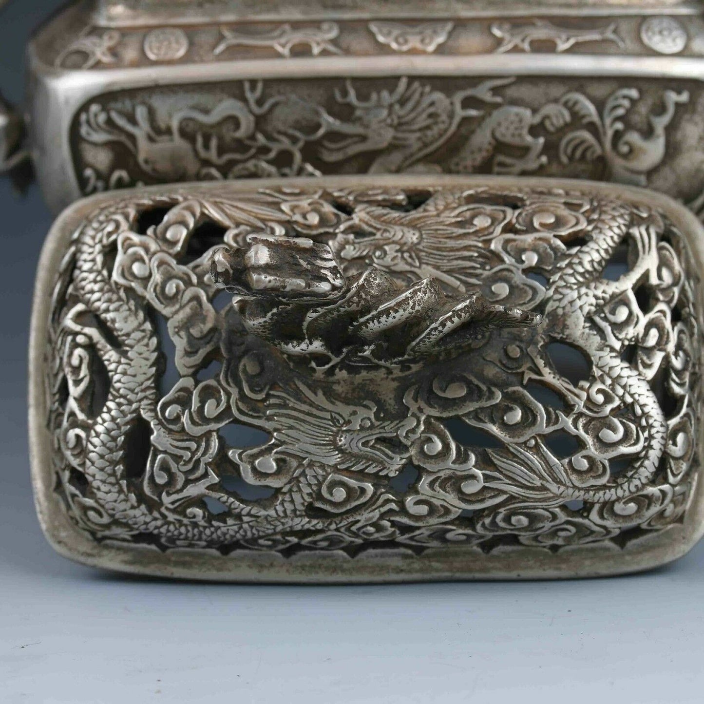 Chinese Tibetan Silver Hand-carved Dragon Incense Burner&Lid XuanDe Mark