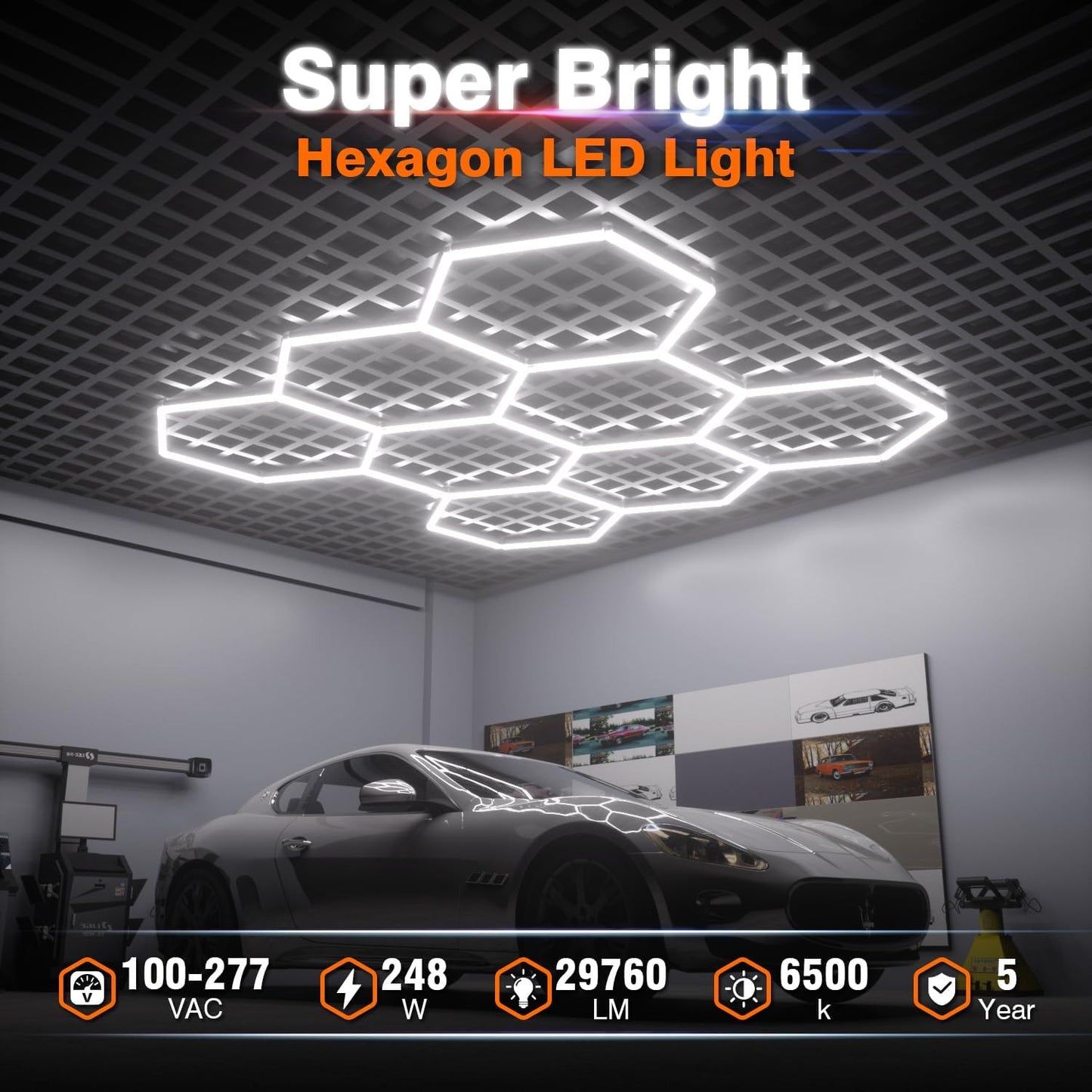 Hexagon Garage Lights: 248W 35 Pack 8 Grids LED Garage Lights - Easy Install 650