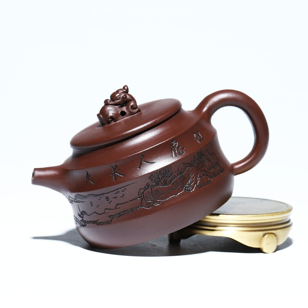 Handmade Carved Real Yixing Zisha Purple Clay Tea Pot Marked Certificate Paper