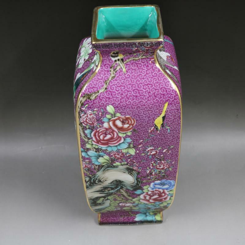 10Inch Chinese Purple Enamel Porcelain Qing Qianlong Bird Flowers Design Vase