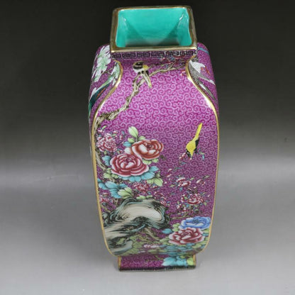 10Inch Chinese Purple Enamel Porcelain Qing Qianlong Bird Flowers Design Vase