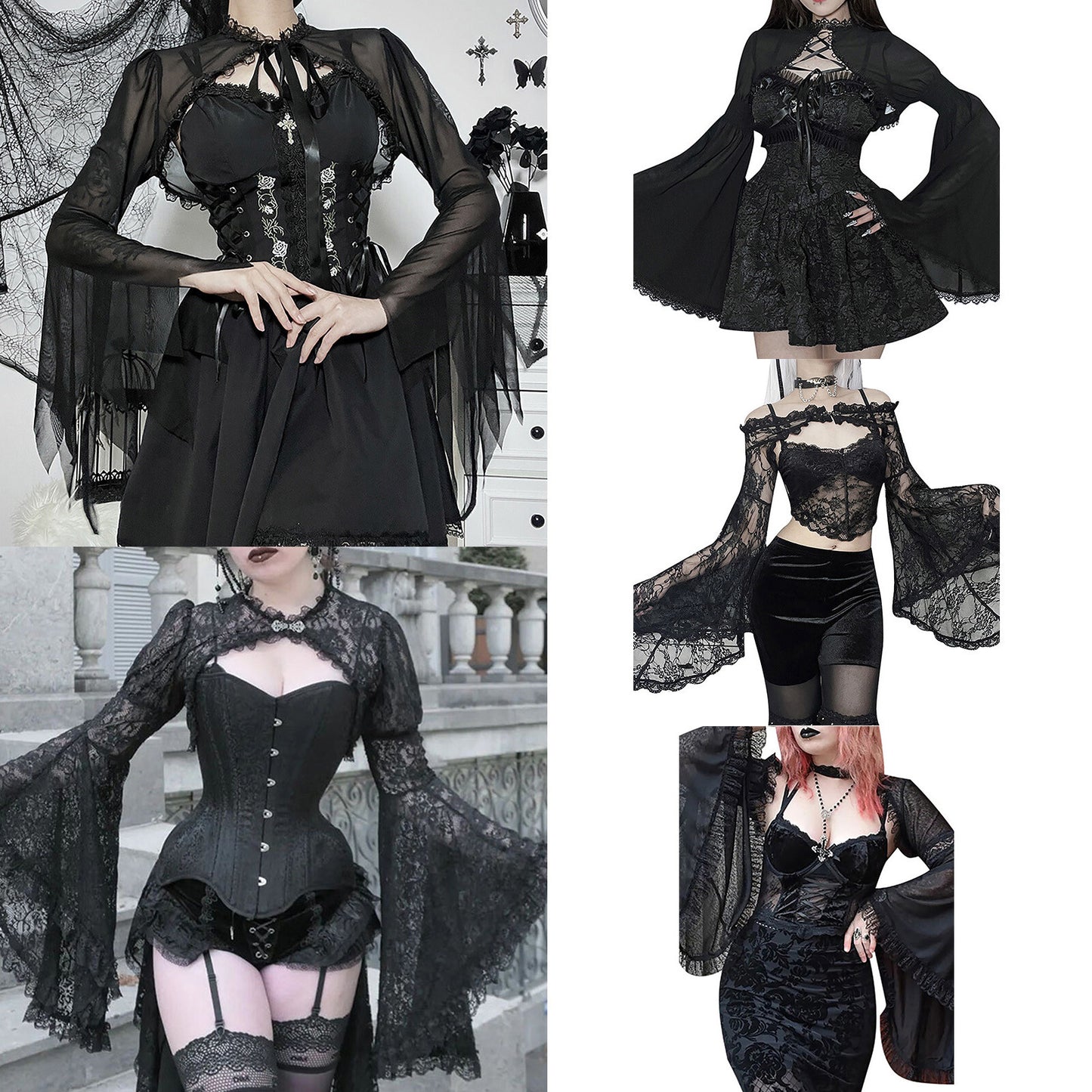 Women Sexy Gothic Long Flare Sleeve Lace Shrug Retro Steampunk Crop Top Cardigan