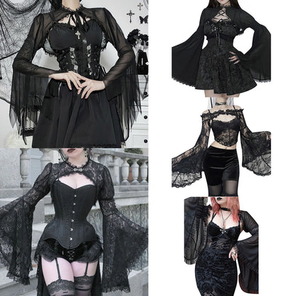 Women Sexy Gothic Long Flare Sleeve Lace Shrug Retro Steampunk Crop Top Cardigan