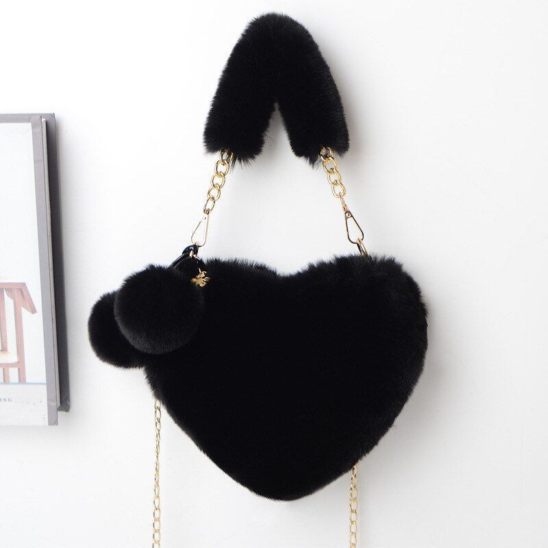 Faux Fur Winter Handbag Heart Shape Shoulder Bag Clutch Purse Chain Velvet Pouch
