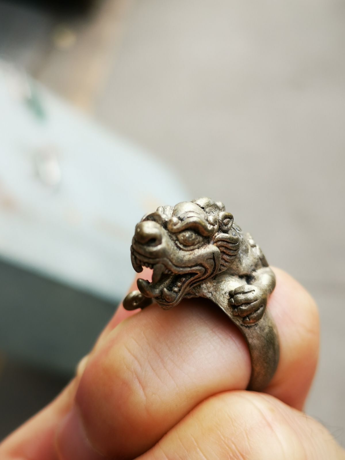Old Chinese Tibetan Silver Handmade Tiger head Ring Men's Ring