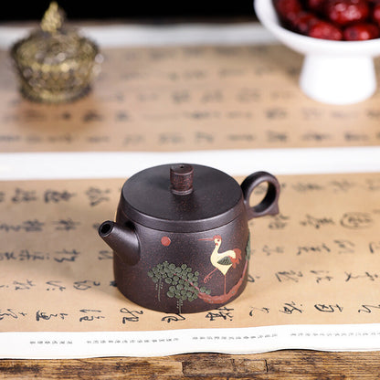 Real Yixing Zisha Black Clay Tea Pot Crane Relief Carved Handmade Tea Pot