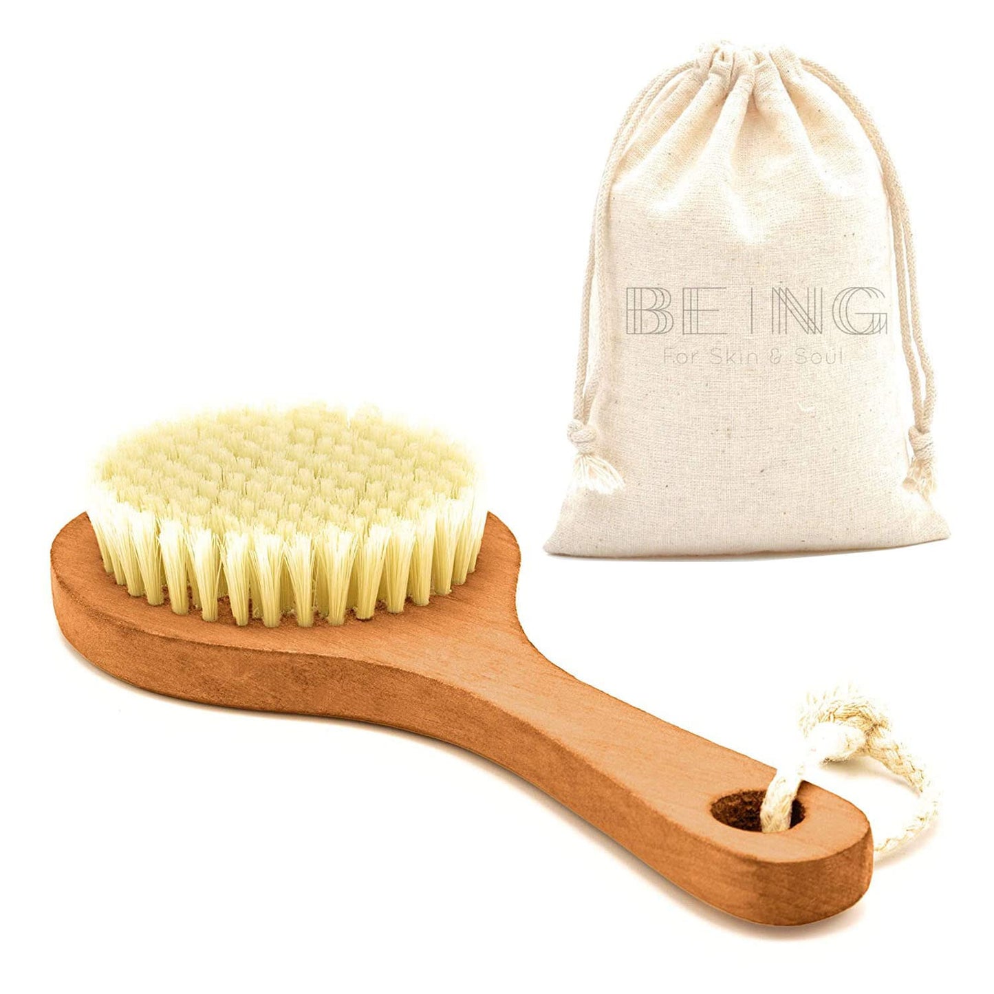 Vegan Dry Brushing Body Brush with Traval Bag Natural Bristles & Wooden Handle