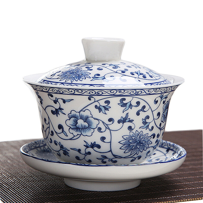 4.72" Gaiwan Blue And White Porcelain Tureen Cup Bowl For Green Tea Saucer Lid